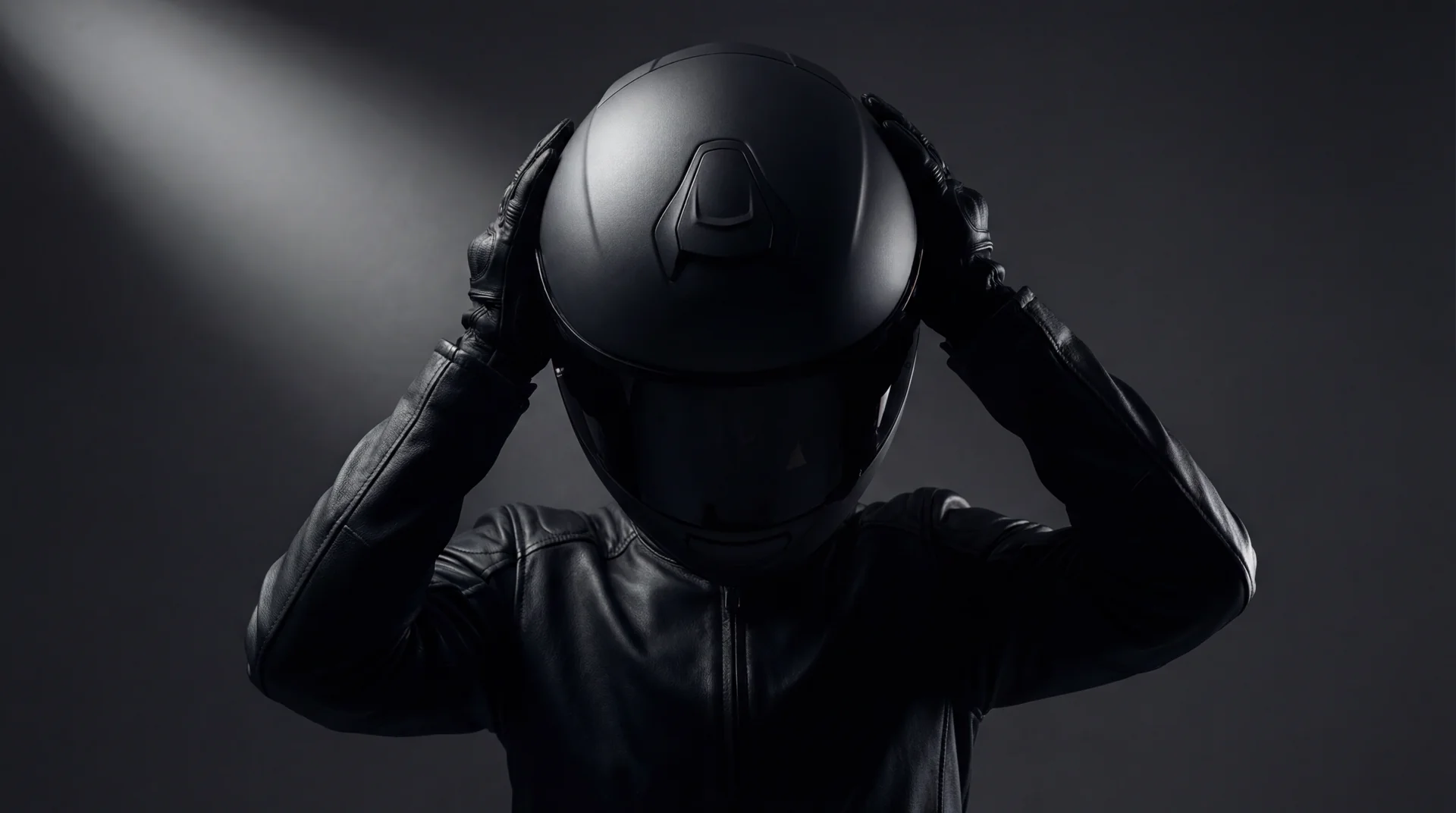 Dos cascos de moto premium Shark y HJC enfrentados en pose dramatica con iluminacion dividida