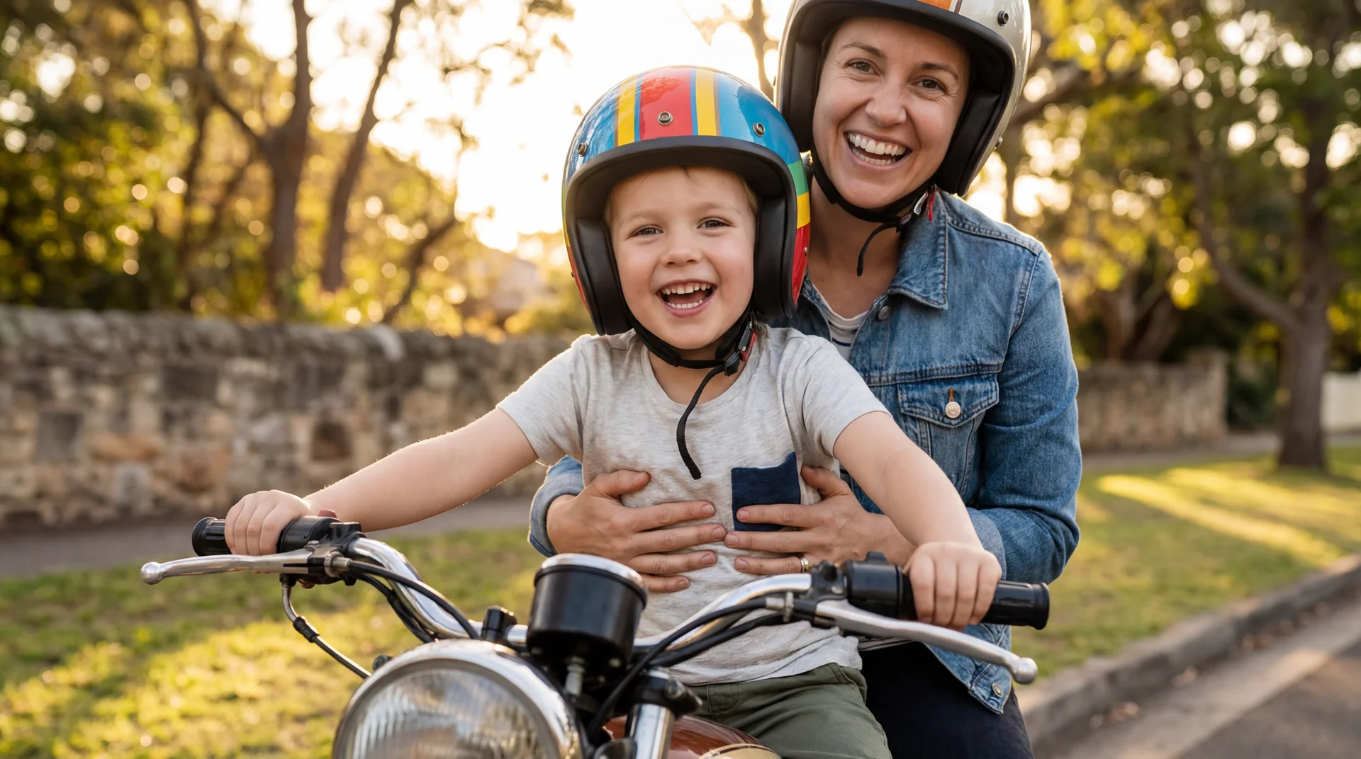 Nino con casco de moto integral de colores sentado en el asiento trasero de una moto con su padre