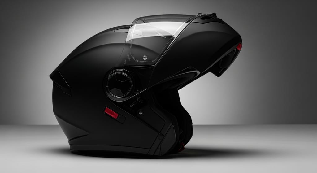 Casco modular de moto con la mentonera abatible levantada