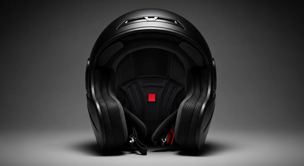 Interior acolchado y almohadillas de un casco modular de moto abierto