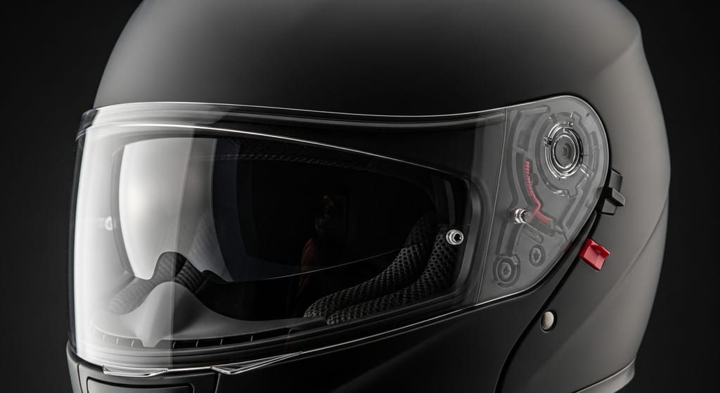 Detalle de la pantalla de un casco de moto con lámina antivaho Pinlock