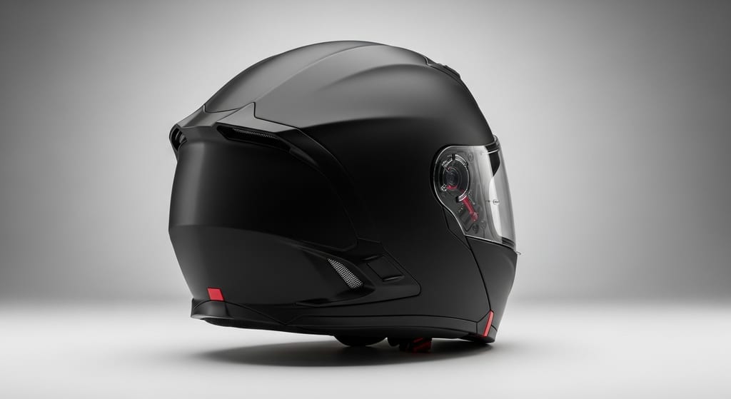 Vista trasera de un casco modular de moto con spoiler y salidas de ventilación