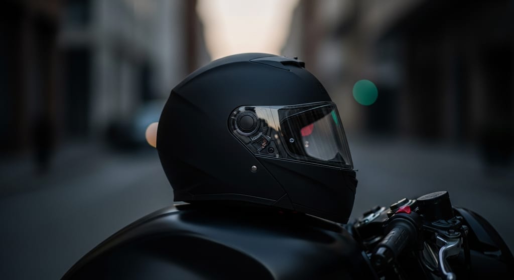 Casco modular de moto negro mate sobre el depósito de una moto en la ciudad