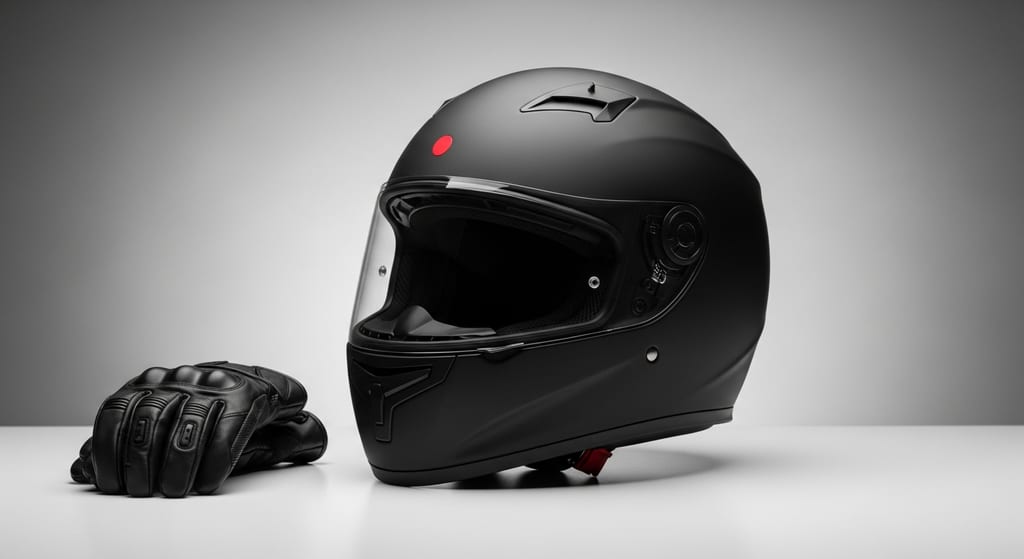 Casco de moto integral homologado ECE 22.06 junto a unos guantes, listo para revisar la etiqueta de homologación