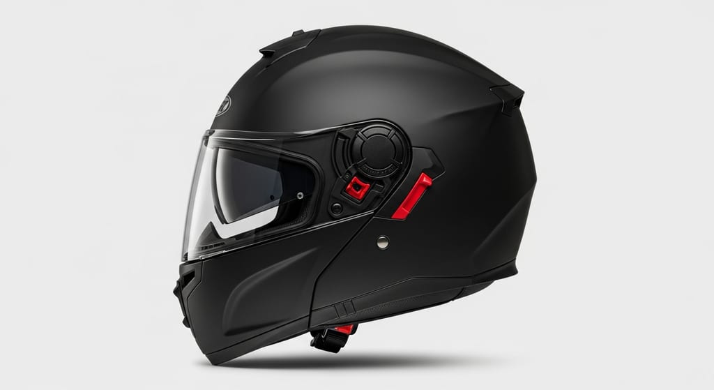 Perfil lateral de un casco modular de moto negro mate con pantalla transparente
