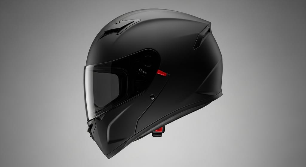 Vista superior de la calota aerodinámica de un casco modular de moto negro mate