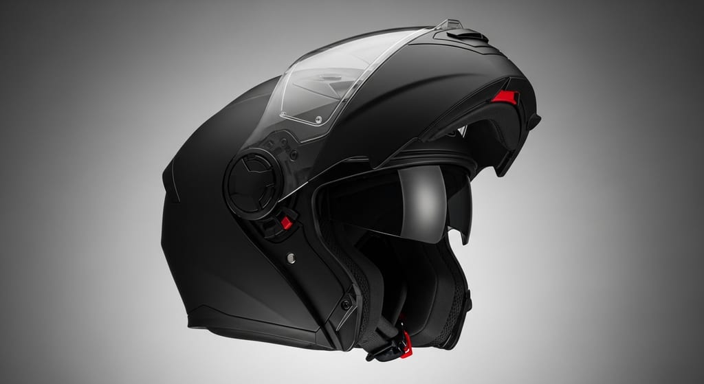 Casco modular de moto con la pantalla y el parasol solar interior subidos