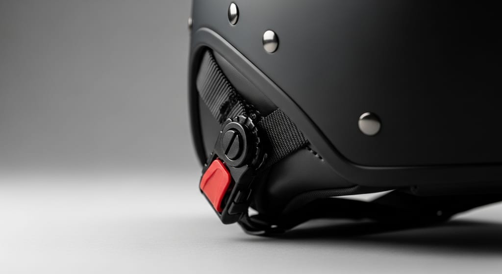 Detalle de la hebilla micrométrica del sistema de retención de un casco modular