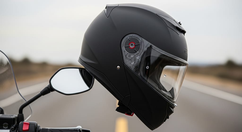 Casco modular de moto negro mate colgado del retrovisor con la carretera de fondo