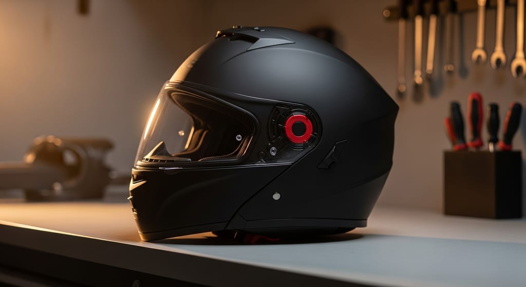 Casco modular de moto negro mate sobre un banco de taller