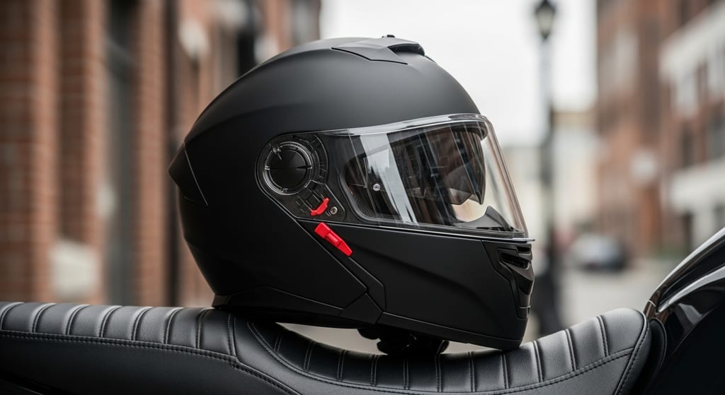 Casco modular de moto negro mate apoyado en el asiento de una moto