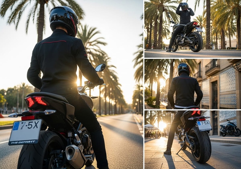 motorista con casco caminando hacia su moto en calle de Valencia con palmeras