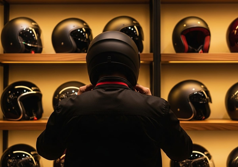 cliente probándose un casco frente a estantería en tienda – outlet cascos Valencia