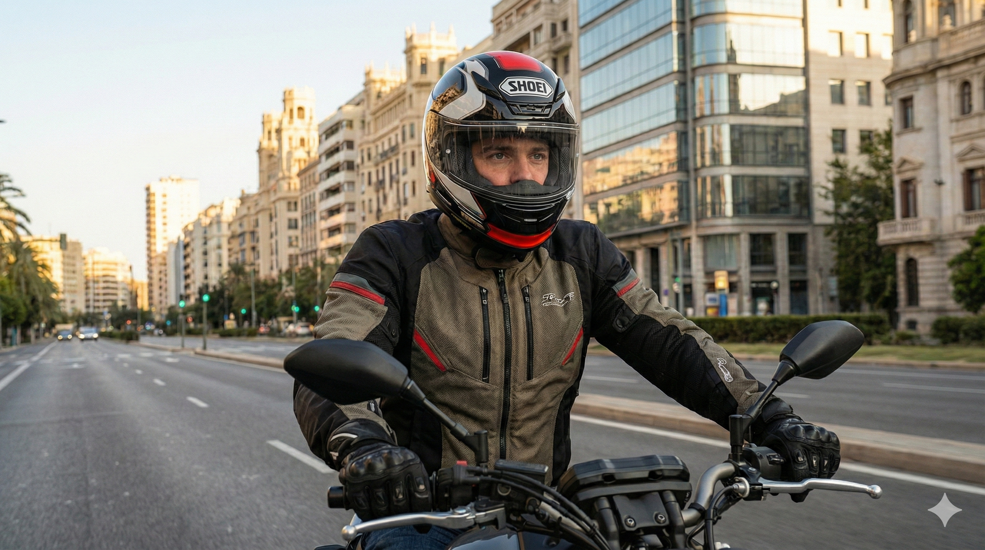 Motorista con casco integral en carretera. Outlet cascos integrales Valencia con máxima protección ECE 22.06 de marcas premium.