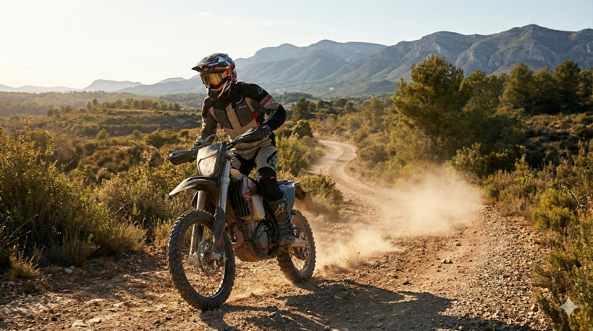Motorista off-road con casco de trail en montaña. Outlet cascos offroad Valencia con ventilación extrema y protección ECE 22.06.
