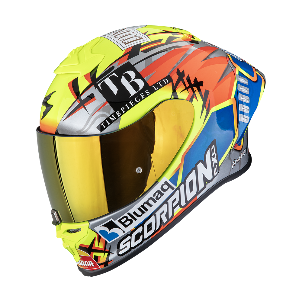 Casco Scorpion Exo-R1 Evo II Air Aron Misano Plata-Amarillo Neón-Azul
