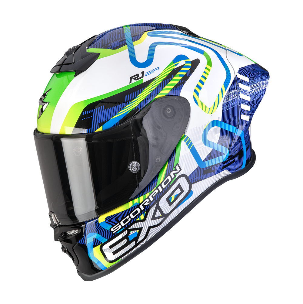 Casco Scorpion Exo-R1 Evo II Air Cornering Blanco-Azul-Verde