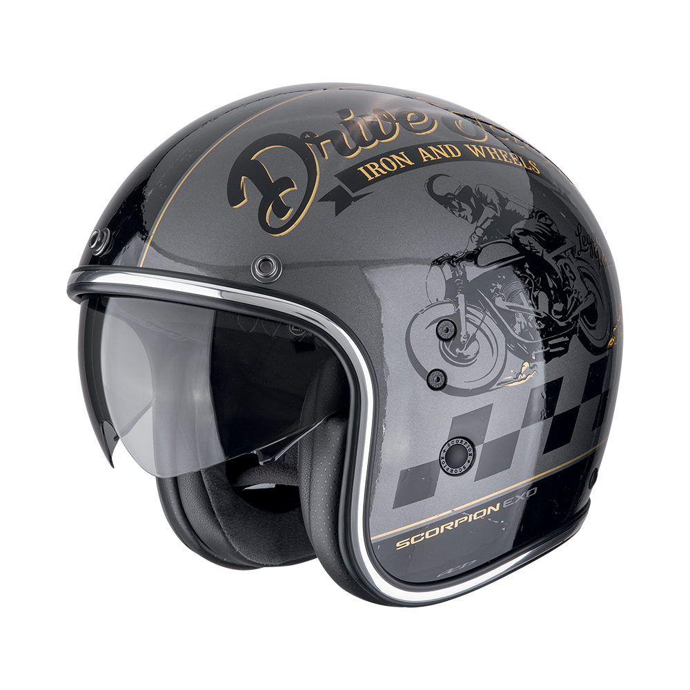 Casco Scorpion Belfast Evo Drive Fast Plata-Negro-Oro