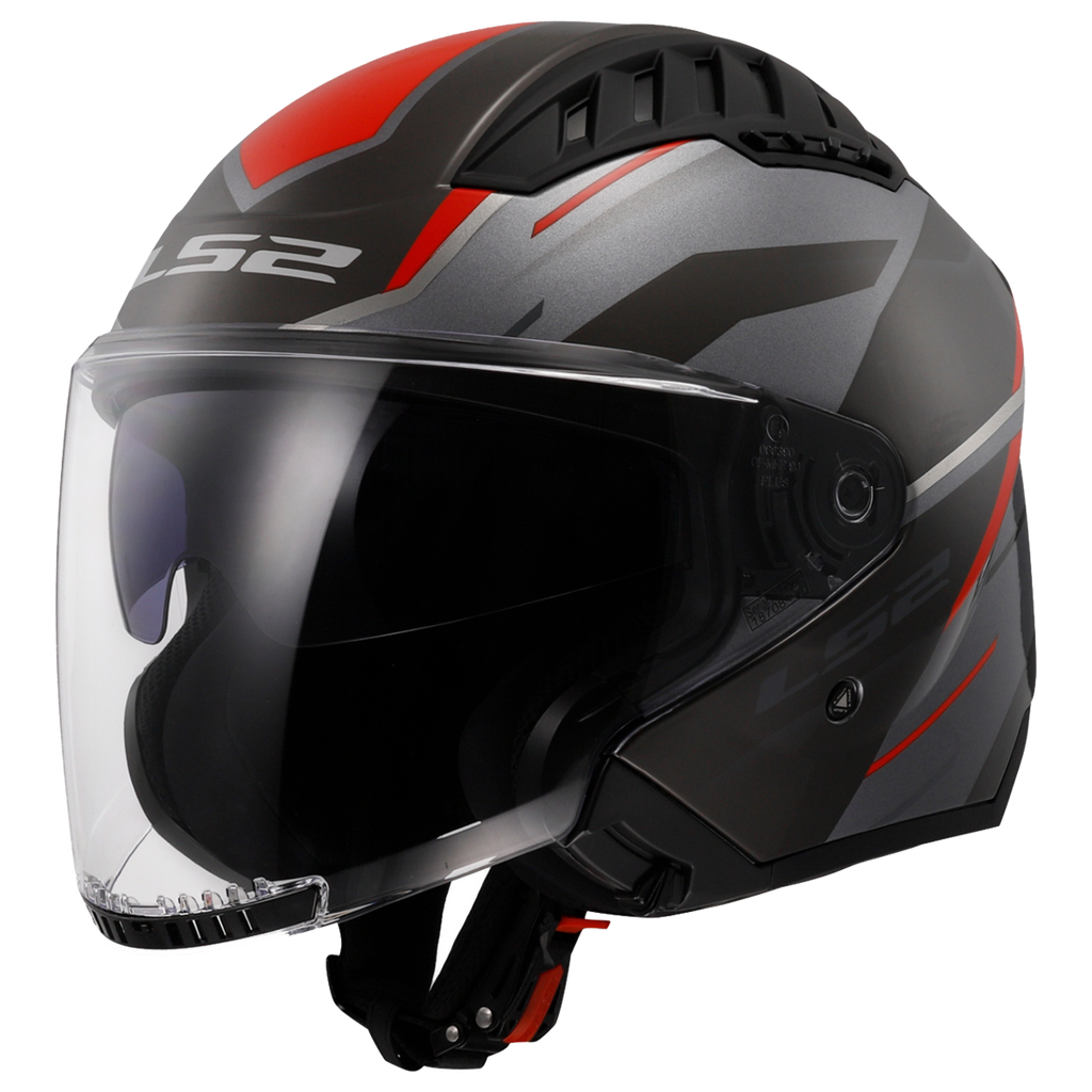 [366002232XS] Casco Moto Jet LS2 OF600 Copter II Diston Gris Rojo (XS)
